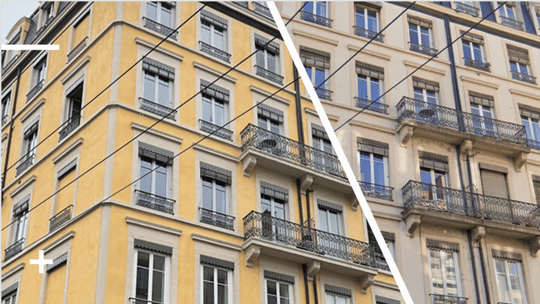 Comparatif avant/après d’une façade d’immeuble : à droite façade encrassée et fissurée, à gauche façade rénovée teinte ocre avec encadrements pierre — restauration de bâtiment.