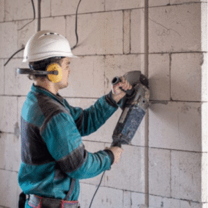 Artisane du bâtiment transportant une plaque de plâtre (placo) dans un chantier de rénovation, casque et EPI, préparation à la pose de cloisons sèches.