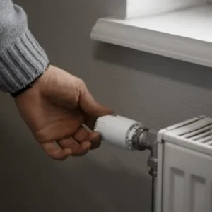Main d’un particulier réglant le thermostat d’un radiateur pour réduire le chauffage et économiser l’énergie à la maison en hiver.