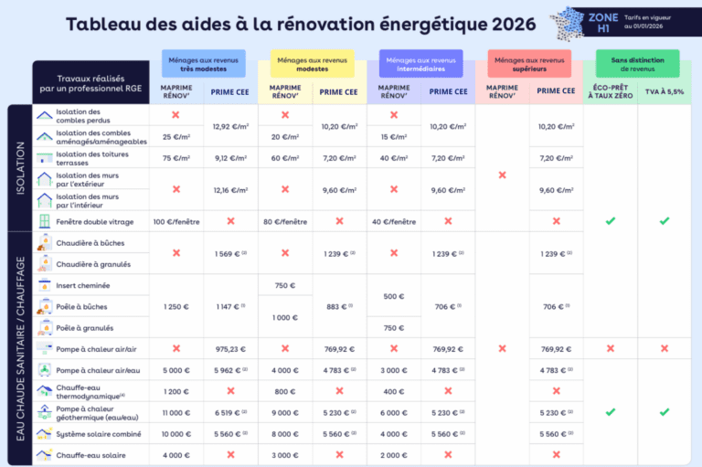 Tableau des aides à la rénovation énergétique 2026 - Zone 1 - Tarifs en vigueur au 01/01/2026